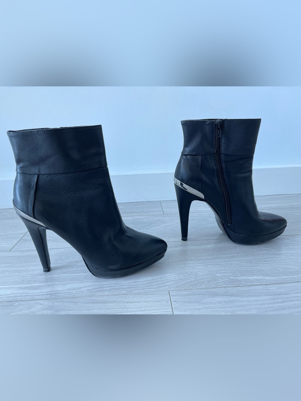 Zara Black Stiletto Ankle Boots with Silver Heel Accent Size 40 Genuine Leather